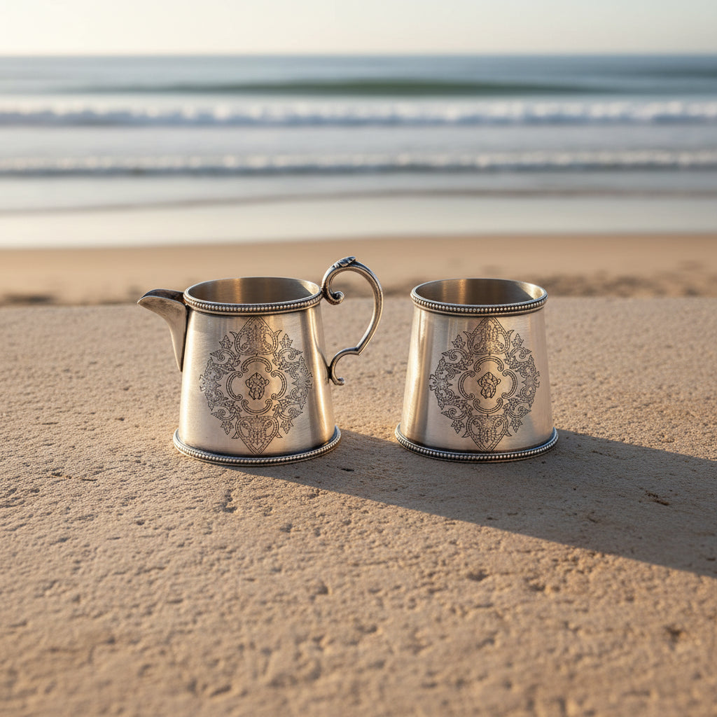 A silver creamer pitcher and matching sugar bowl with ornate floral engravings on a plain white background.