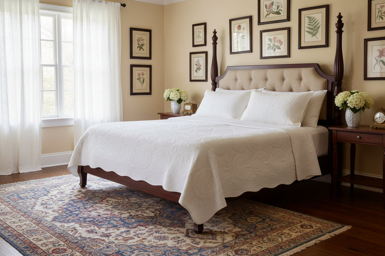 A close-up of a light gray quilted fabric with an intricate floral and geometric pattern, showing a folded corner that reveals the texture.
