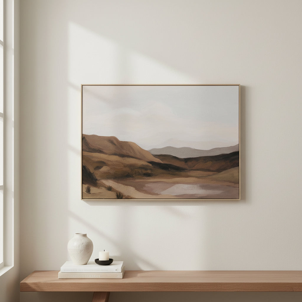 A framed landscape painting depicting rolling brown hills, distant mountains, and a pale sky, shown against a plain white background.