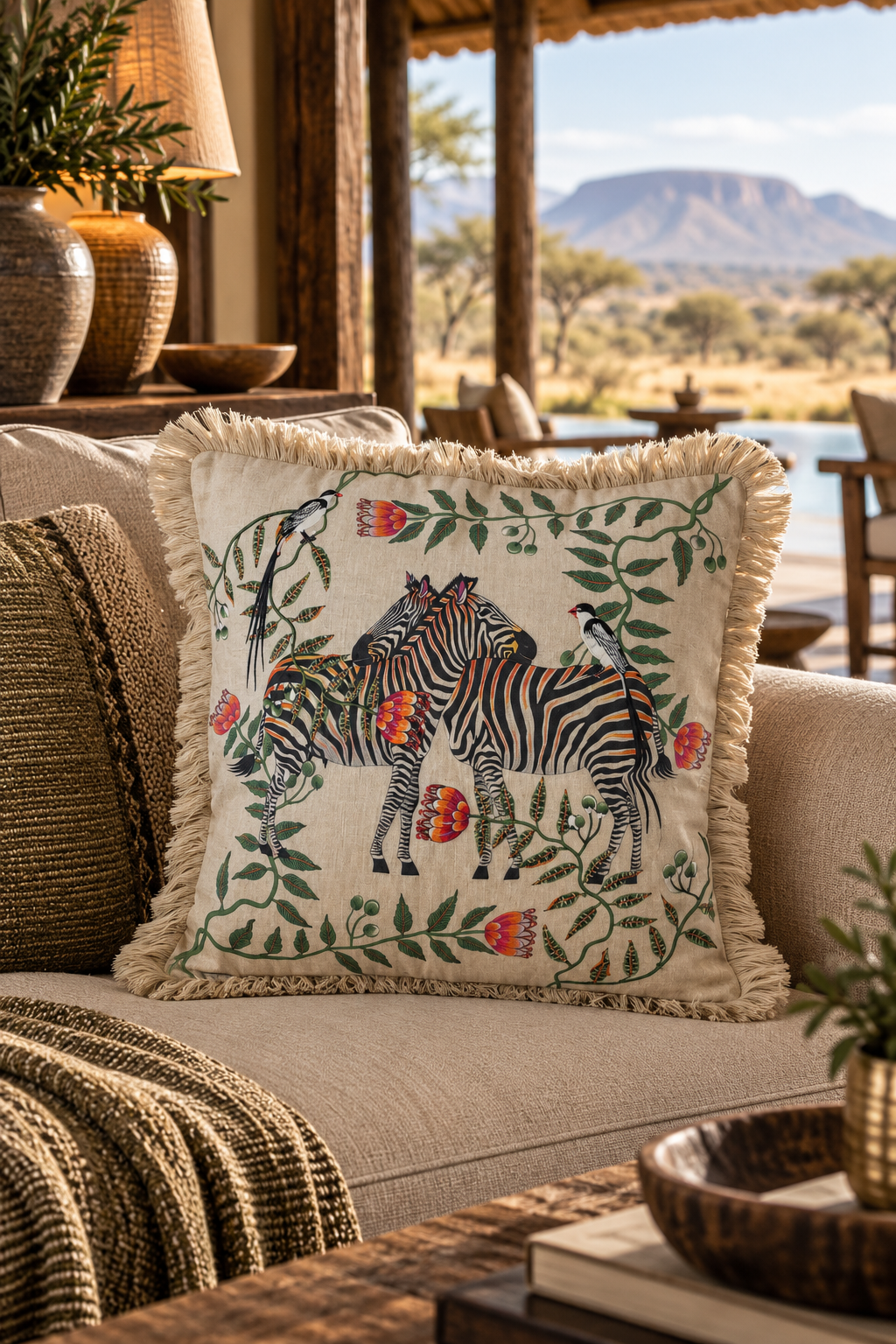 Linen Embroidered Beaded Cushion Cover - Zebra