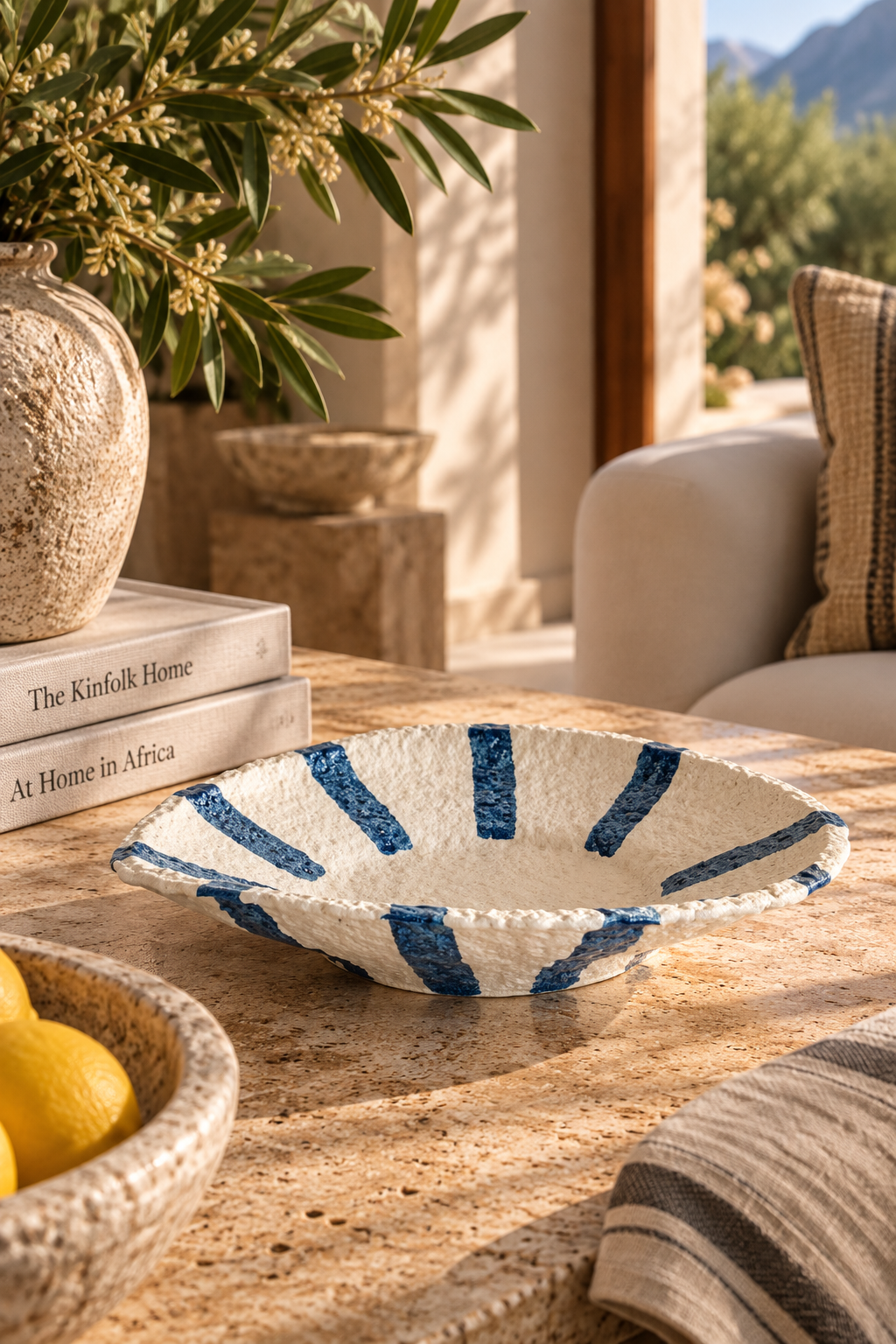 Large Blue Stripe Ceramic Flat Bowl