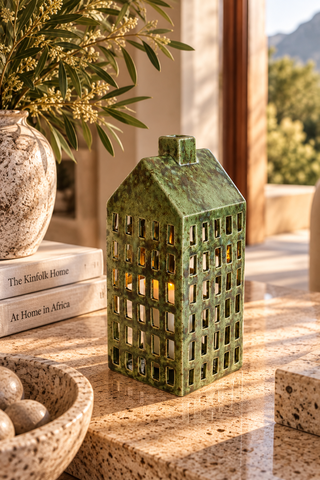 Large Dark Green Ceramic House Candle Holder