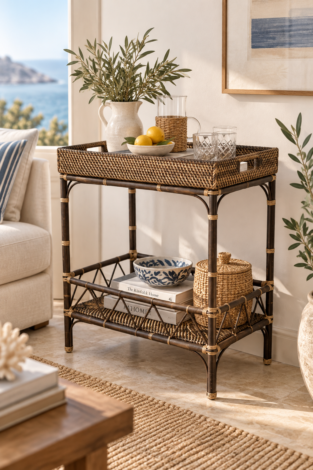 RATTAN SIDE TABLE ANTIQUE