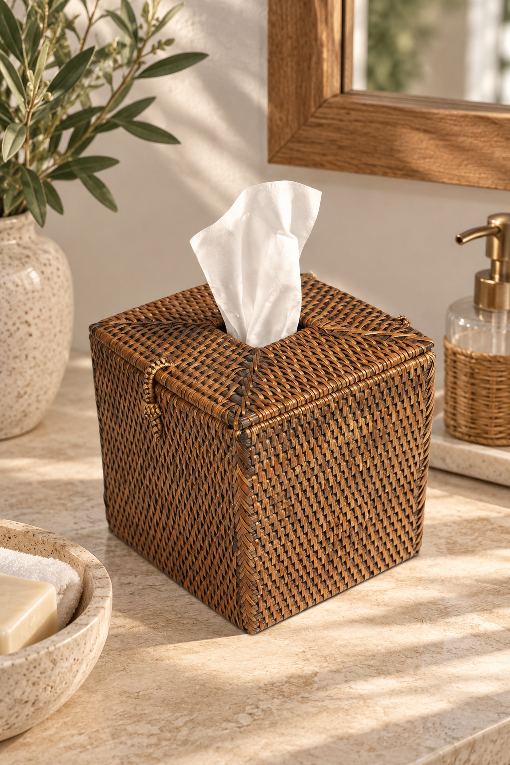 RATTAN TISSUE BOX SQUARE NO MOTIF ANTIQUE