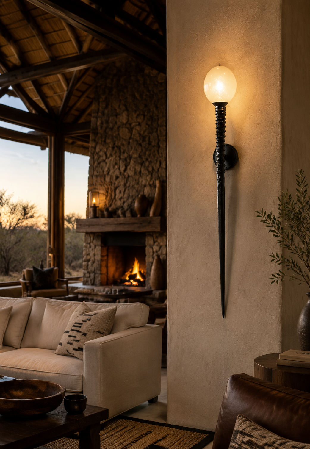 Gemsbok Horn Wall Light with Ostrich Egg