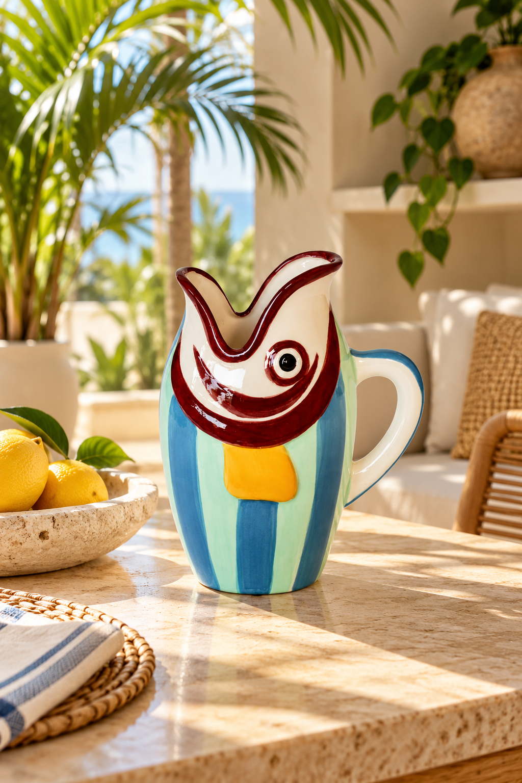 Maroon and Blue Striped Fish Jug