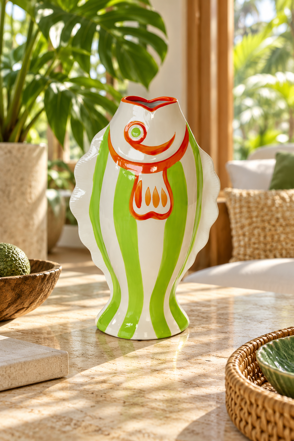 Extra Large Orange and Green Striped Fish Jug