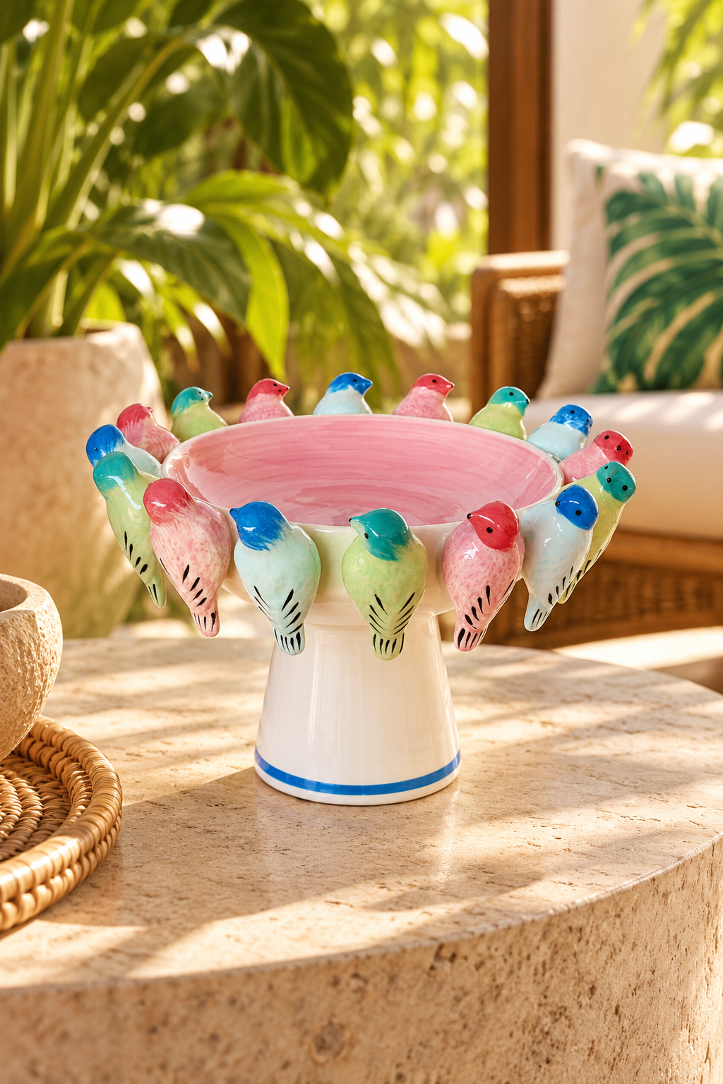 Multi-Colour Bird Bowl on Foot