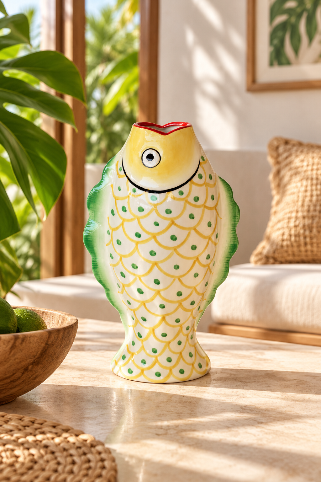 Extra Large Yellow and Green Dot Fish Vase