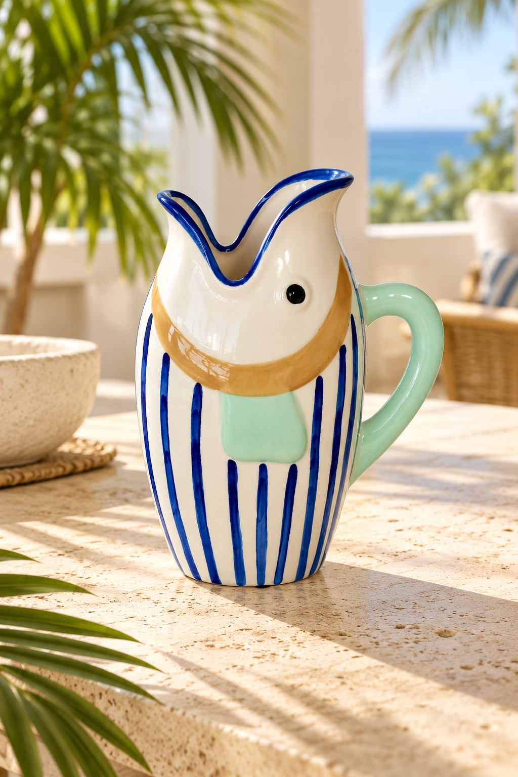 Aqua and Blue Stripe Fish Jug