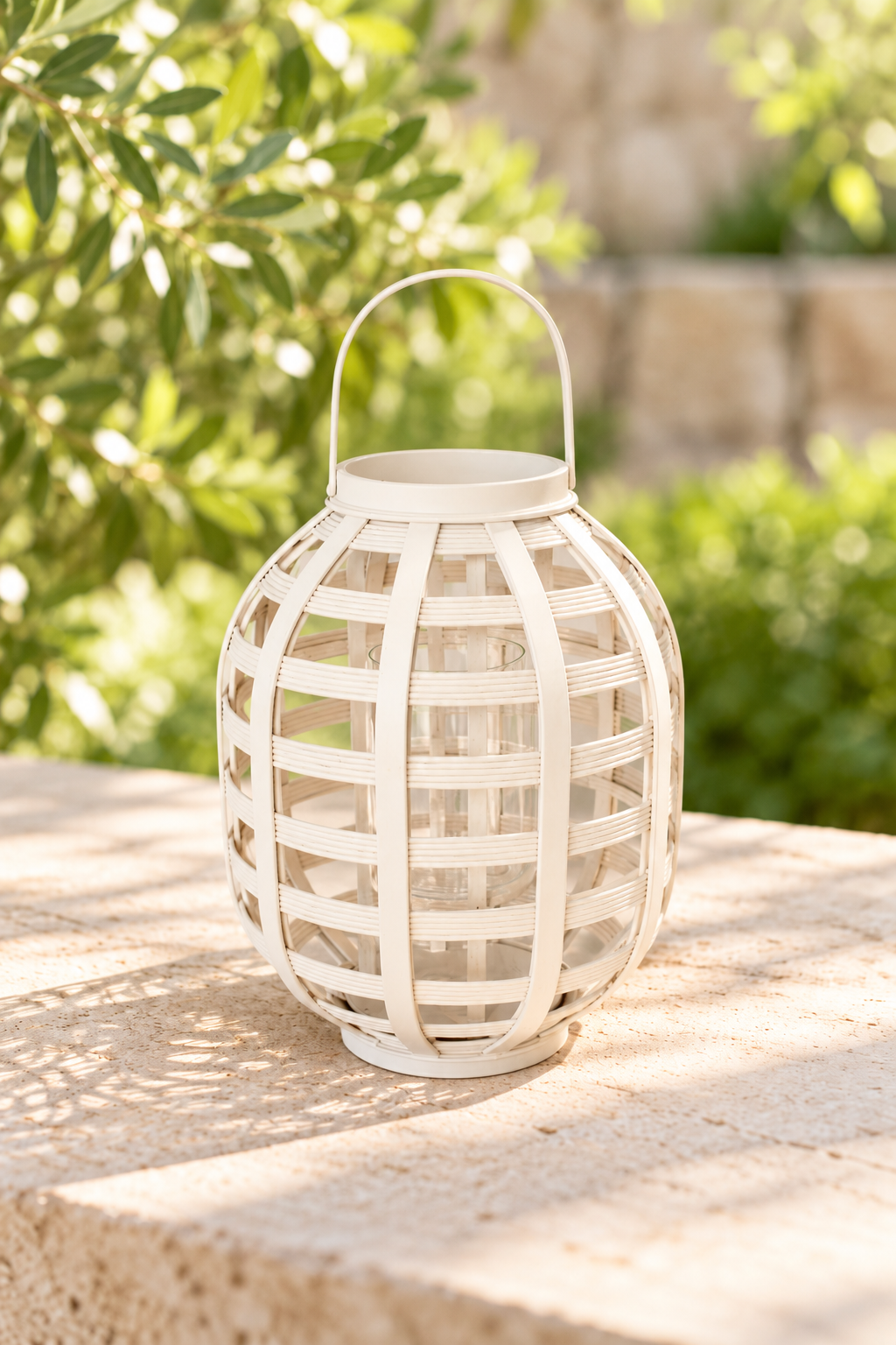 White Bamboo Lantern with Glass and Handle