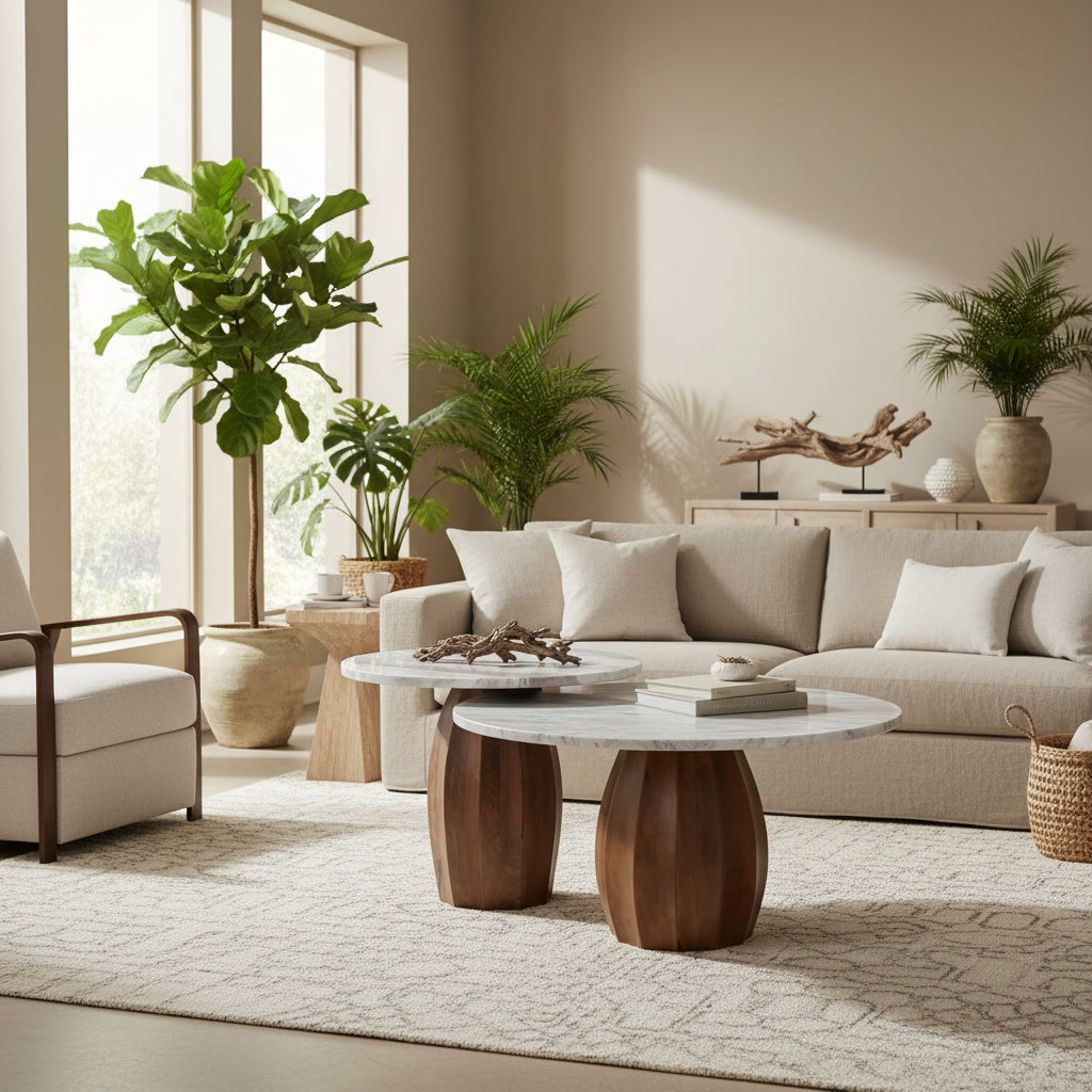 Two-tiered coffee table with marble top and wooden base on a white background