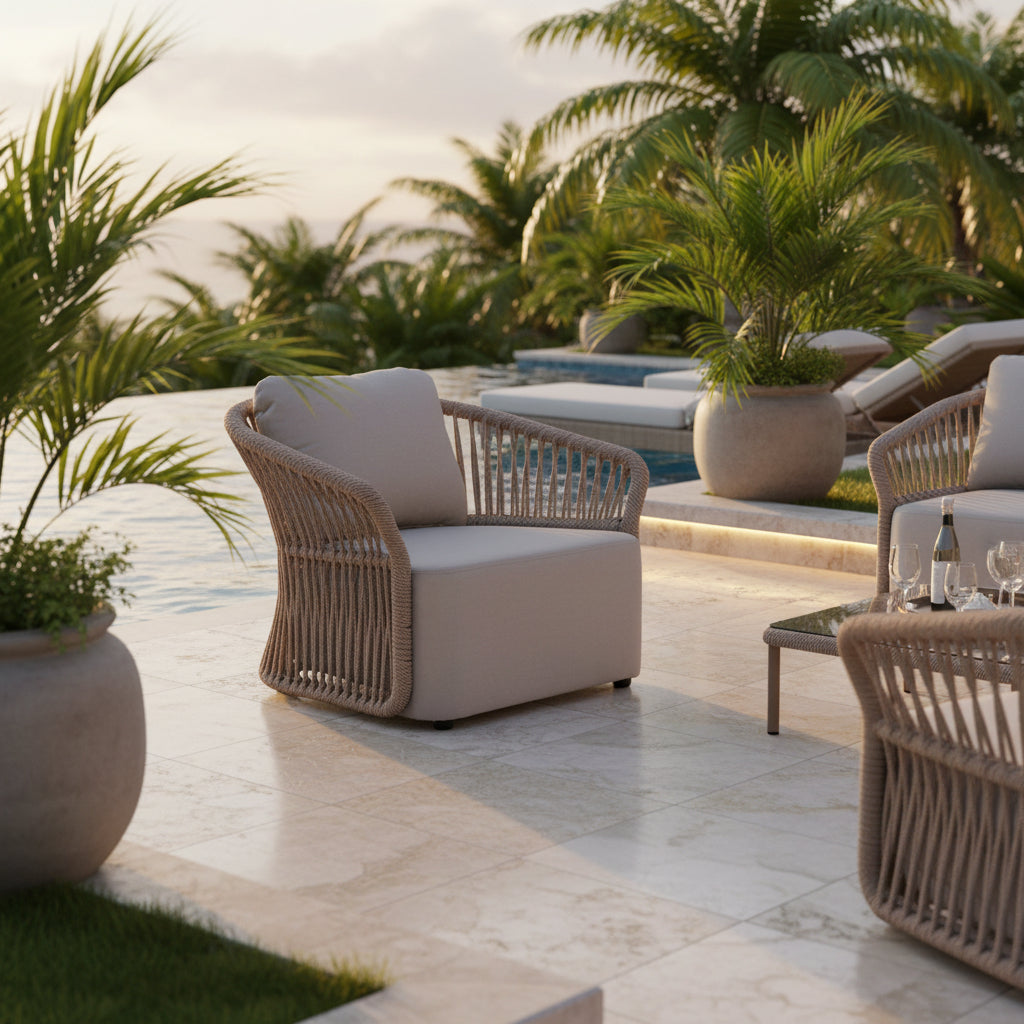 Beige armchair with woven backrest on a white background