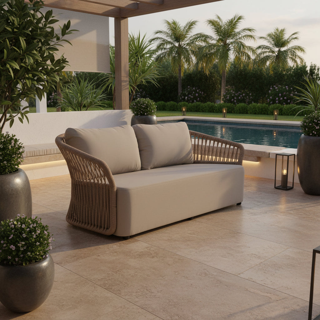 Beige sofa with wicker frame on a white background