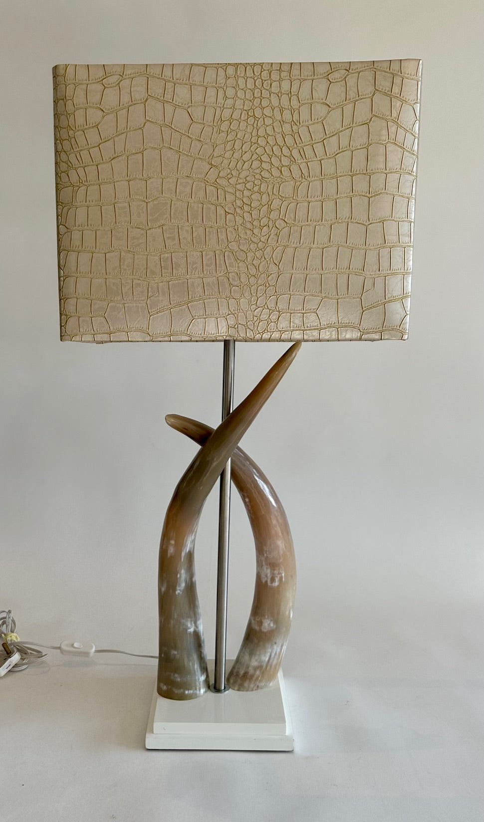 Cream cow horn duo lamp on a double base with a Croc skin Oblong Shade