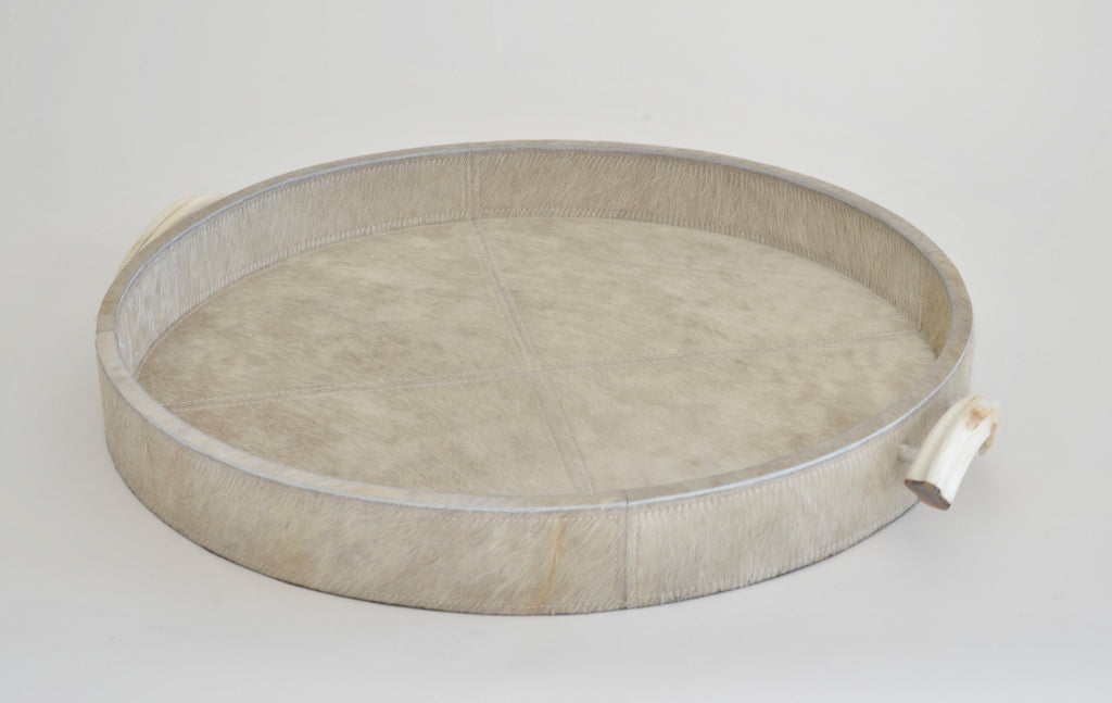 Round Cream cow skin tray with warthog handles