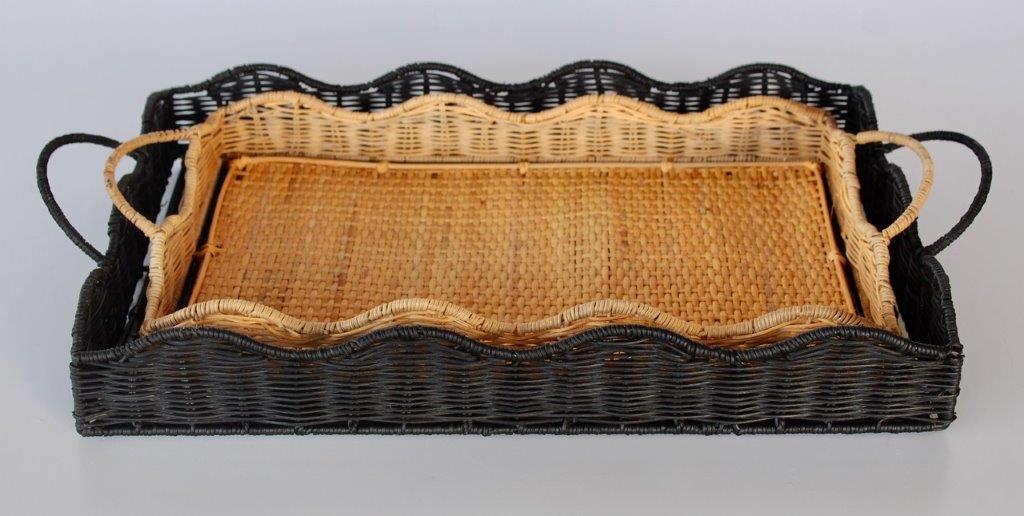 Set of 2 Black & Natural Cane Scallop Trays