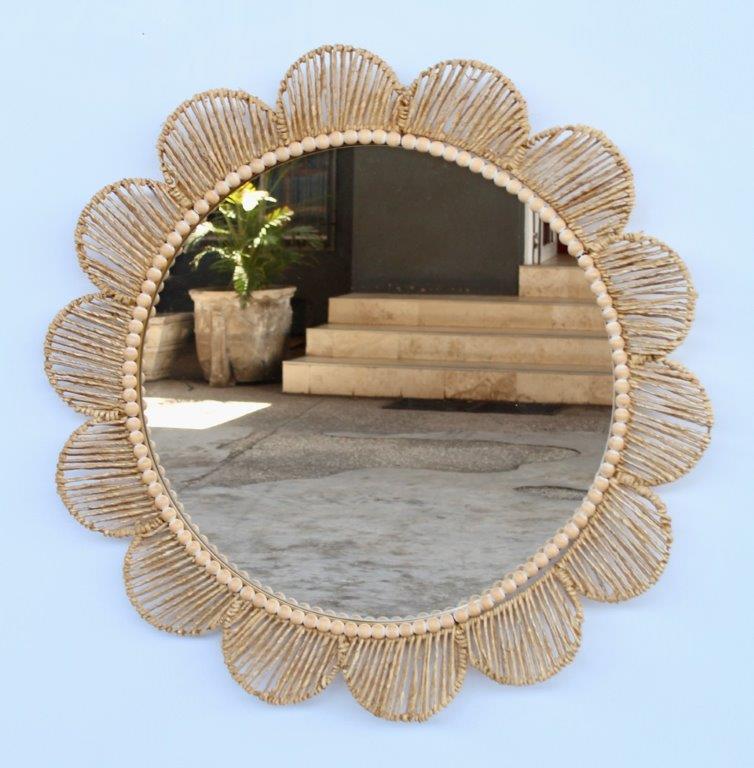 Round Cane Mirror with Scalloped Edge
