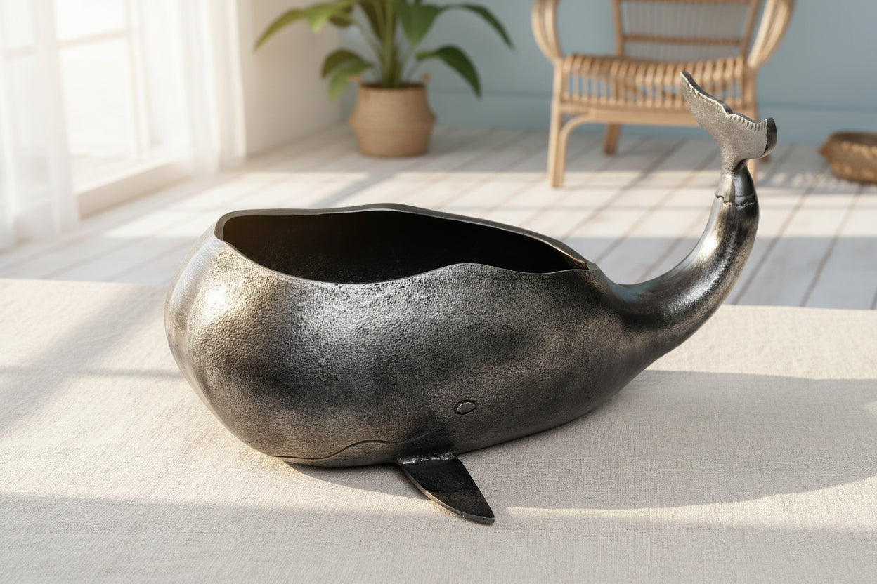 Metal whale-shaped container on a white background