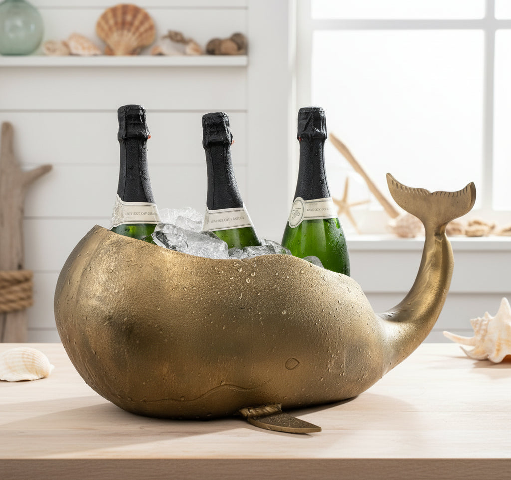 Brass whale-shaped ice bucket with bottles of champagne on a white background