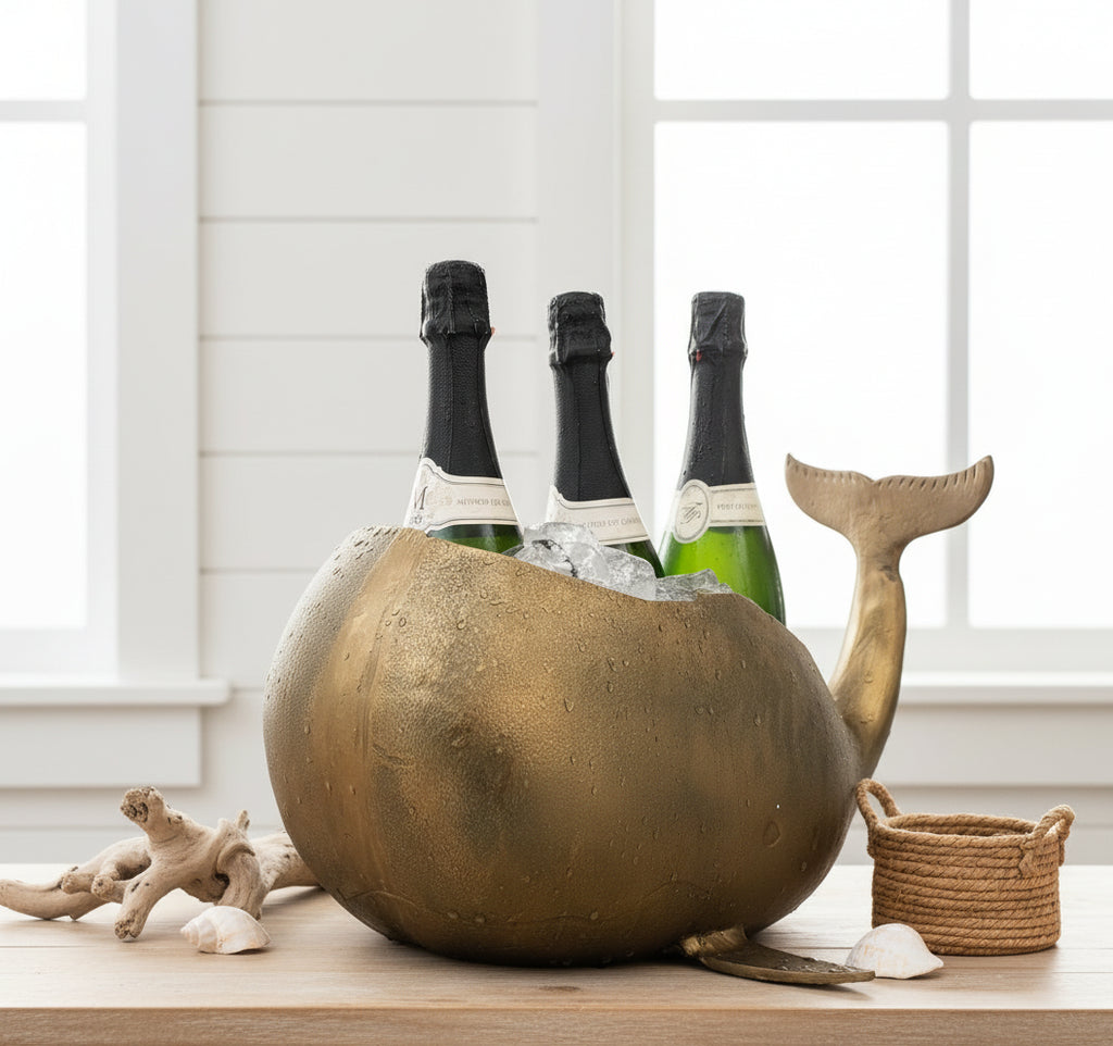 Gold whale-shaped wine cooler with three bottles of wine on a white background