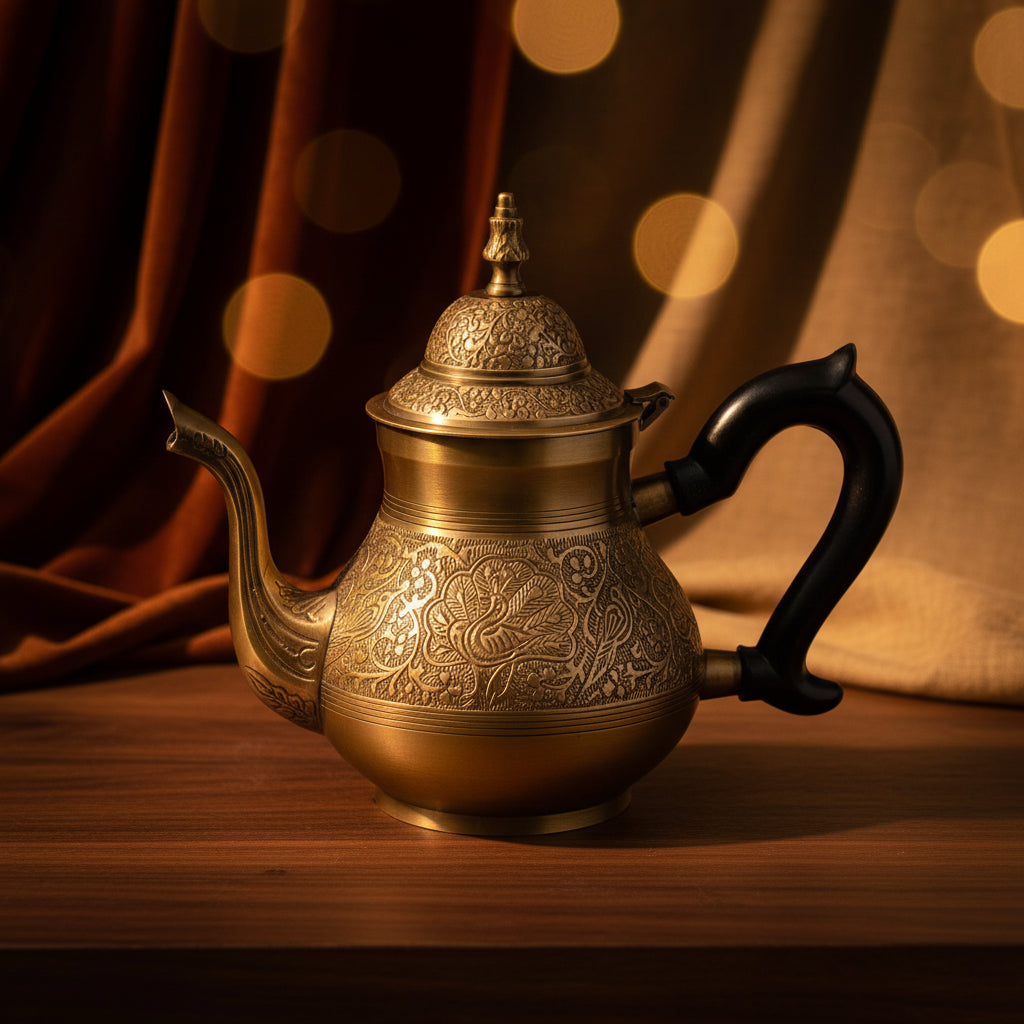 Bronze teapot with black handle on a white background
