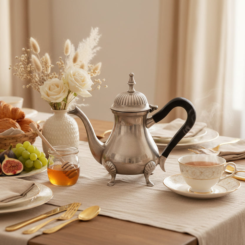 Silver teapot with a black handle on a white background
