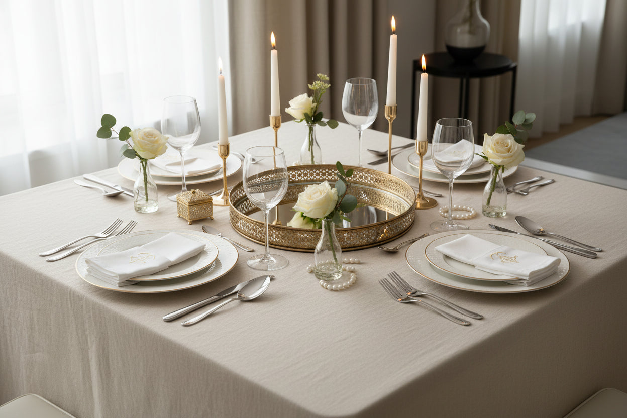 Round decorative tray with gold intricate border on a white background