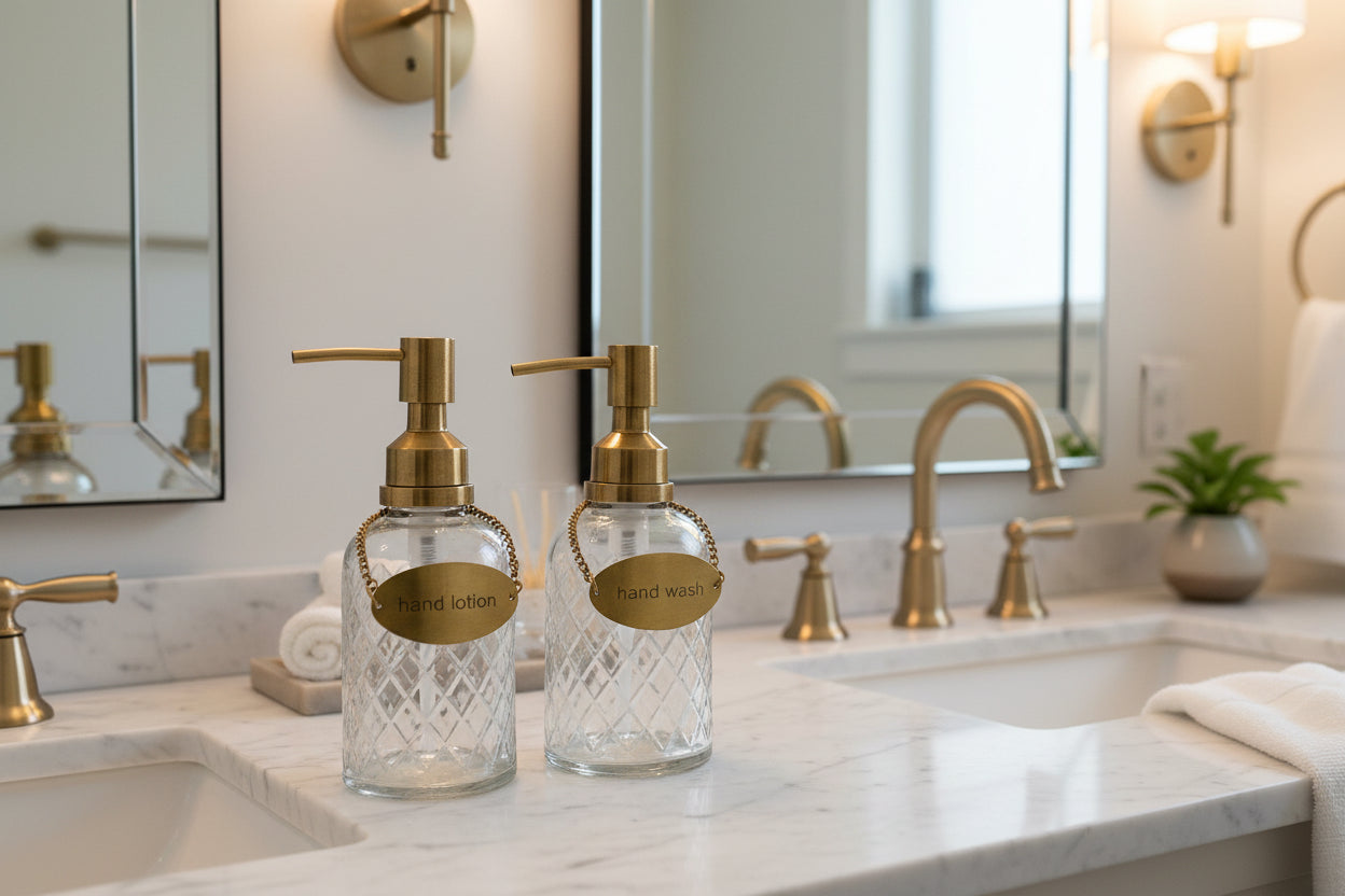 Two glass soap dispensers with gold pumps and labels on a white background