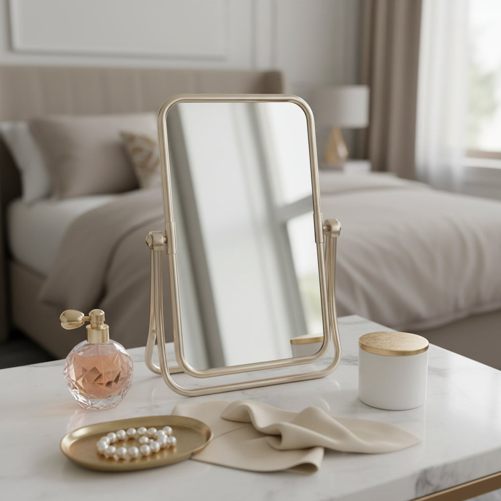 Small stand-up mirror with a reflective surface on a white background