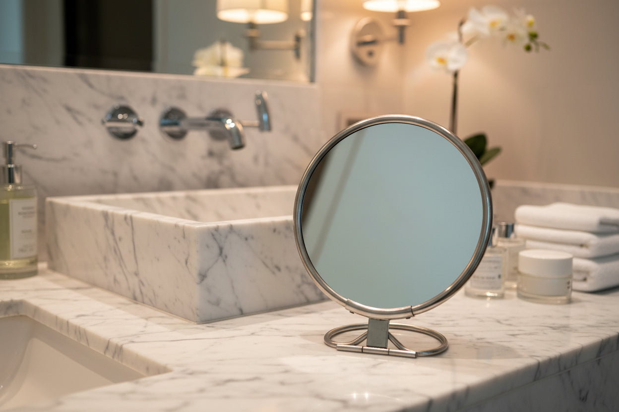 Small round mirror on a stand with a blurred green background