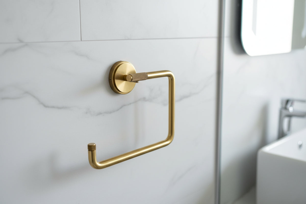 Brass toilet paper holder on a white background