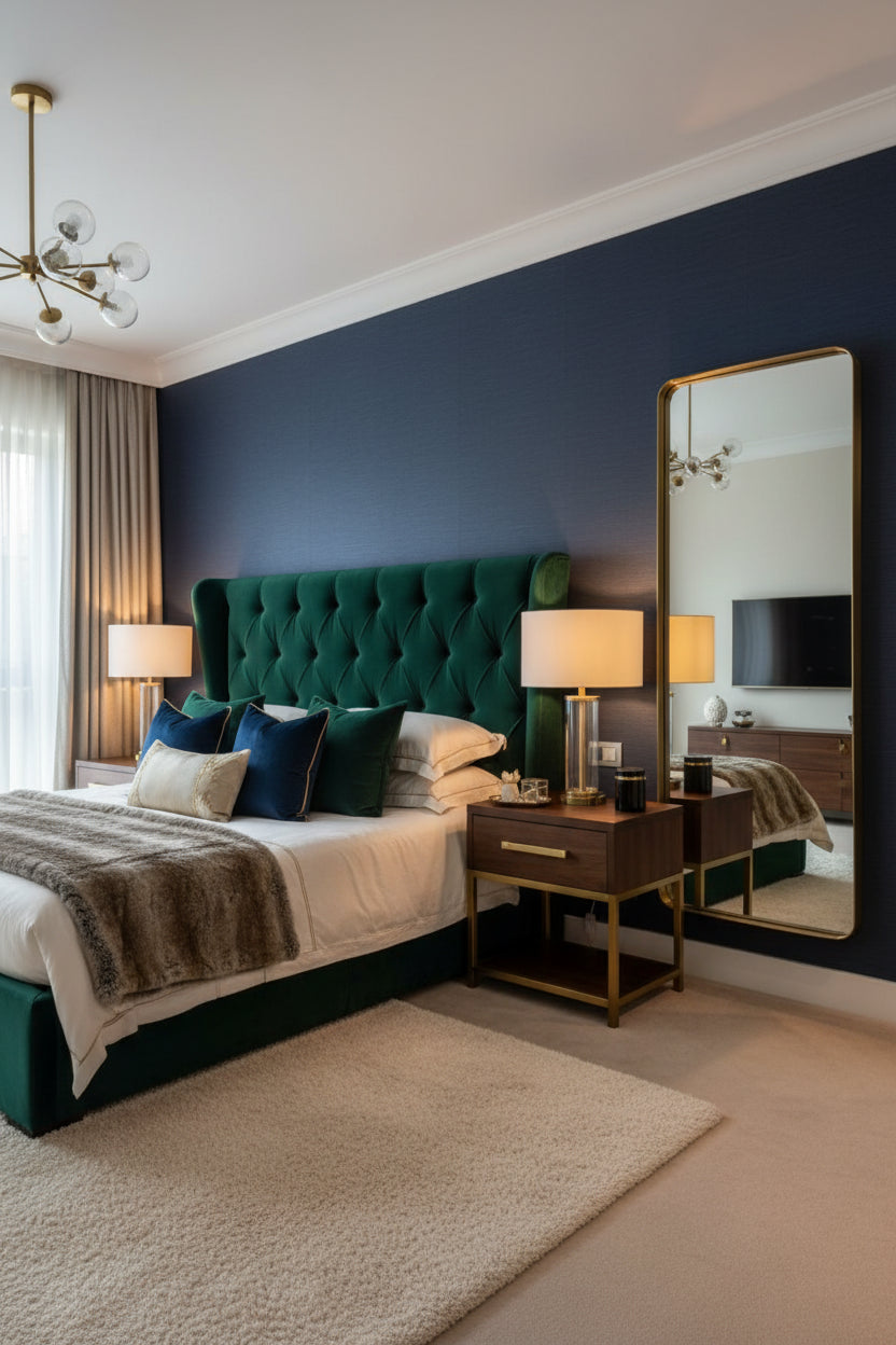 Large floor mirror with gold frame reflecting a room with a dining table and chairs.