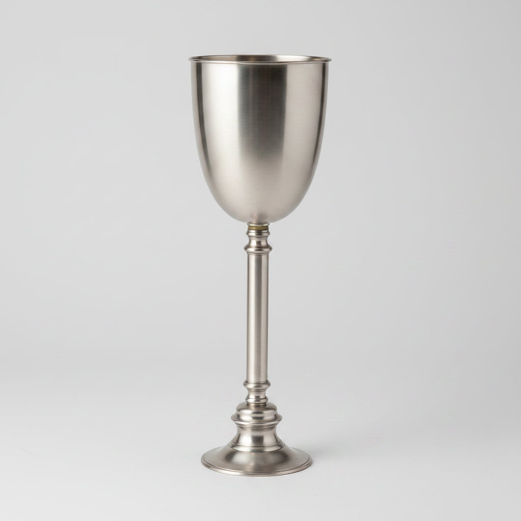 A polished pewter or silver-colored metal communion chalice with a flared bowl, stem, and circular base, shown against a plain white background.