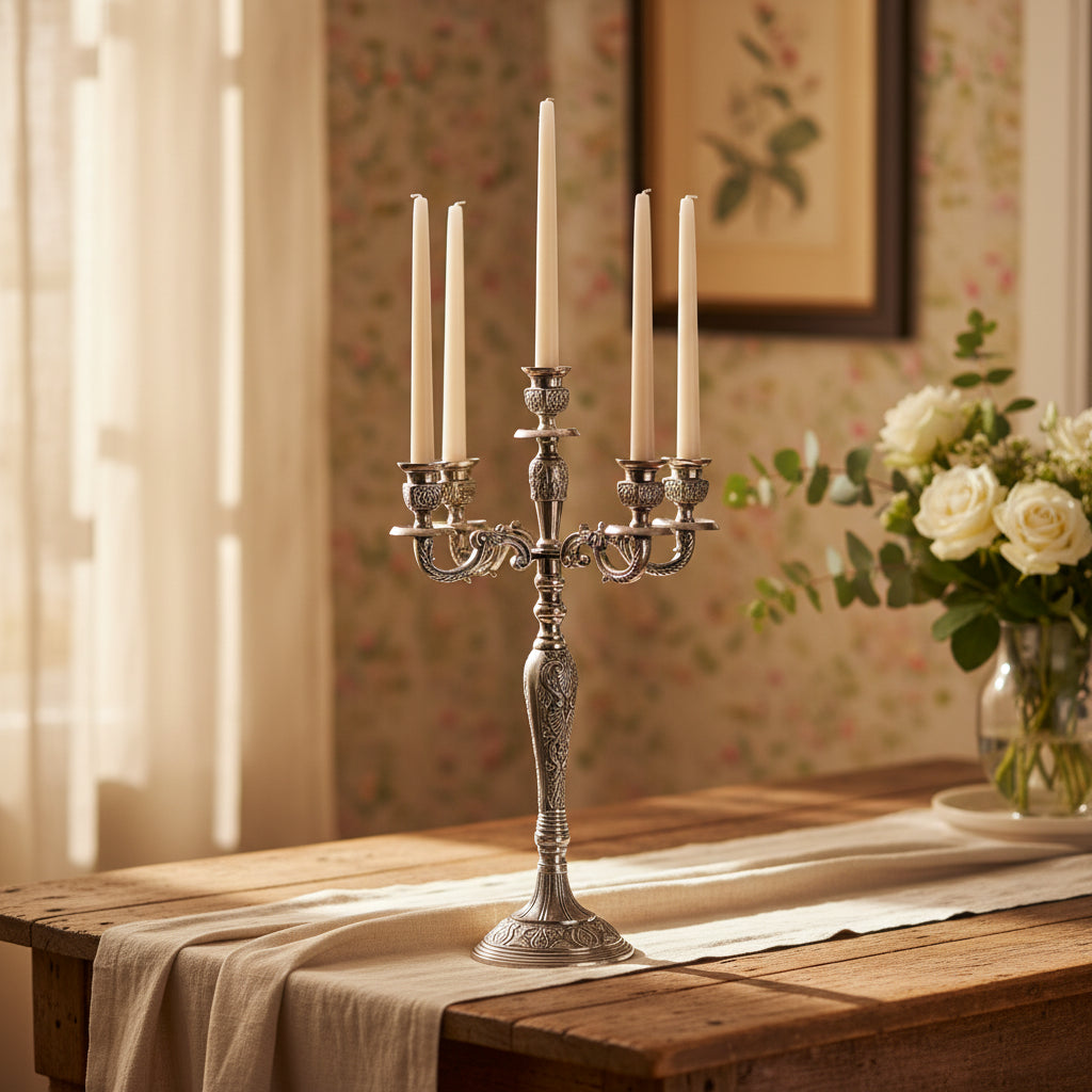 An ornate silver-toned five-arm candelabra with decorative scrollwork and a flared base, holding five taper candles, photographed against a plain white background.