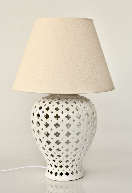 White Ceramic Cut-Out Lamp Base Beige Shade