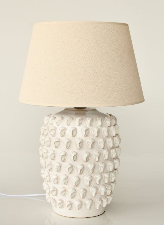 White Ceramic Knob Lamp Base Beige Shade