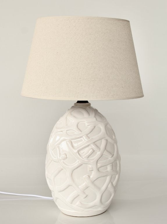 White Ceramic Squiggly Lamp Base Beige Shade