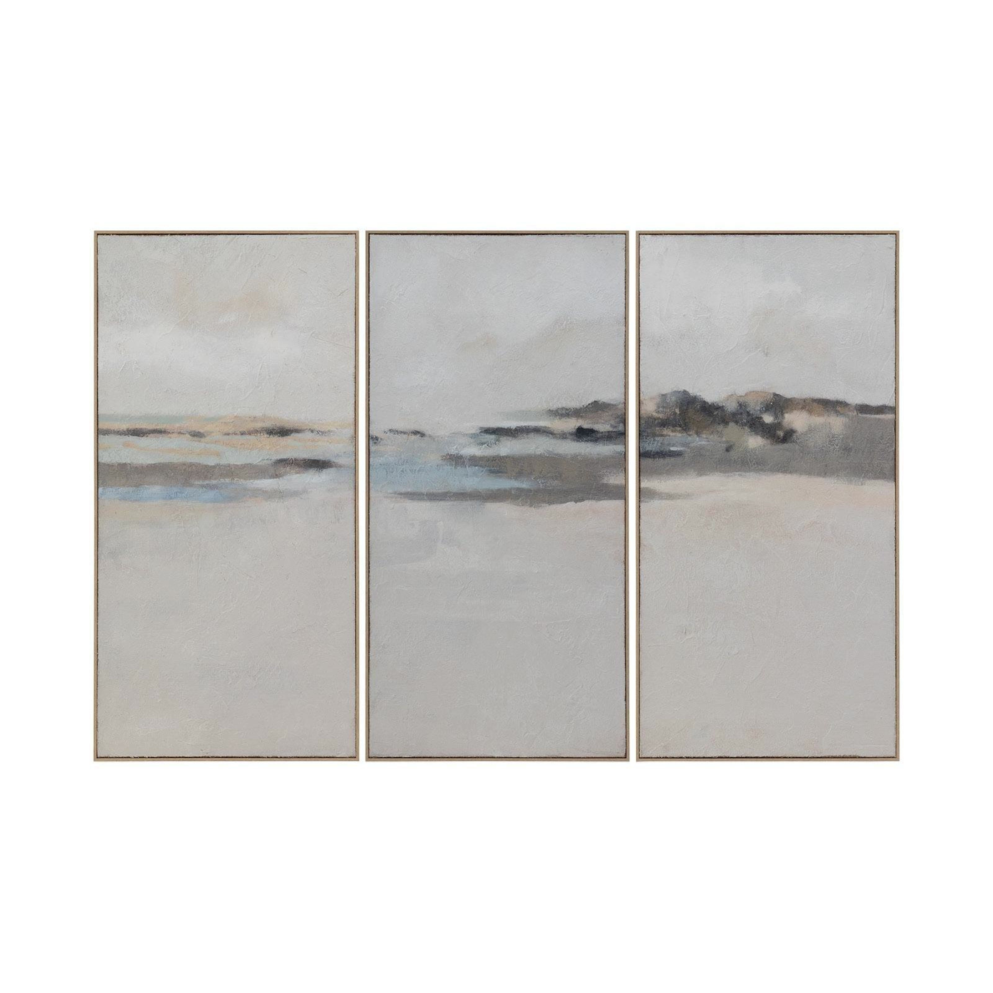 Triptych painting of a landscape with three panels on a white background