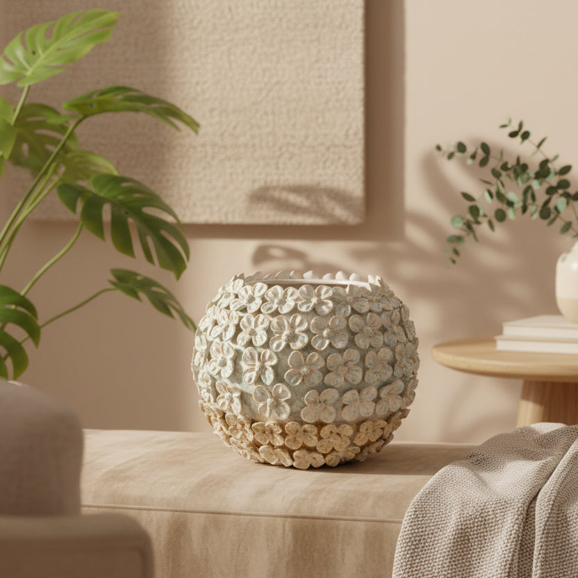 Decorative ceramic vase with floral patterns on a beige background