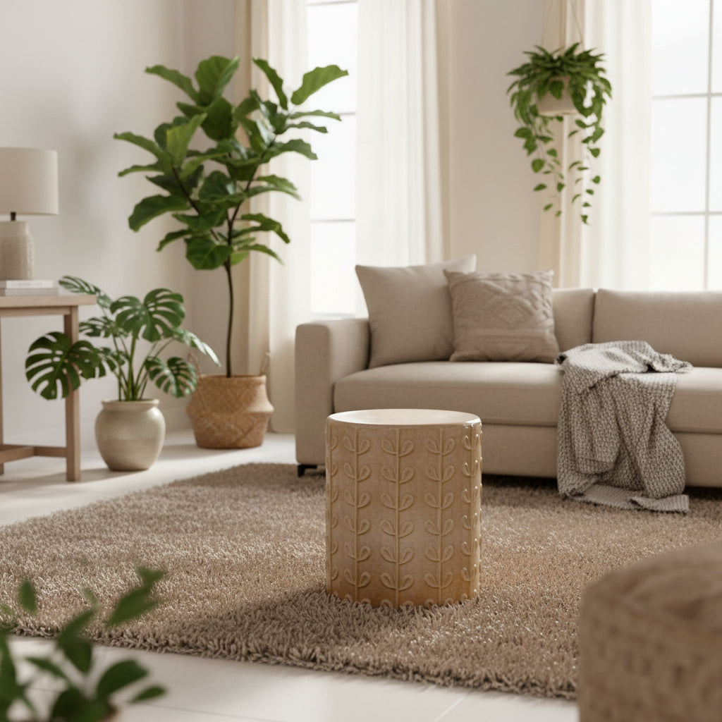 Decorative cylindrical stool with leaf pattern on a beige background