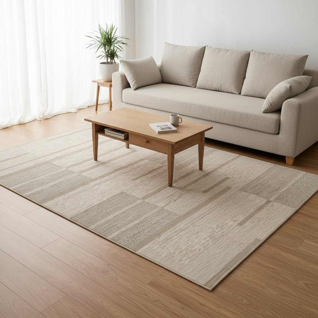 Textured beige and brown patterned rug with a close-up detail circle.
