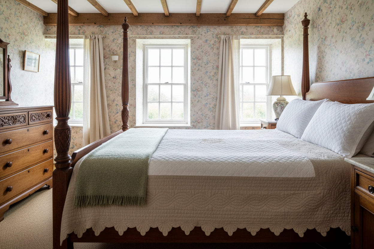 A white quilted cotton table runner with a scalloped border and a central embroidered monogram design, laid flat on a brown woven rug.