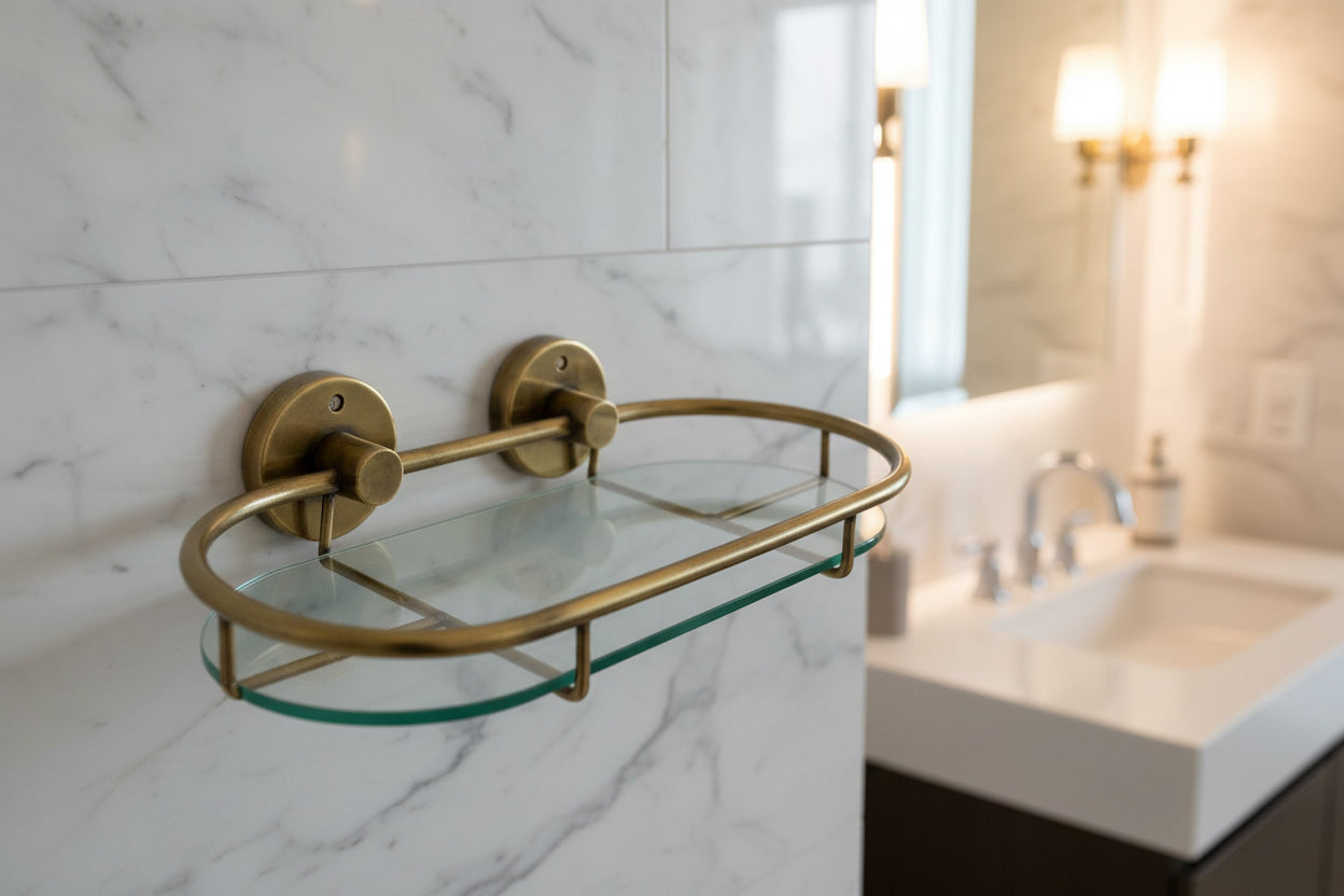 Brass wall-mounted glass shelf on a white background