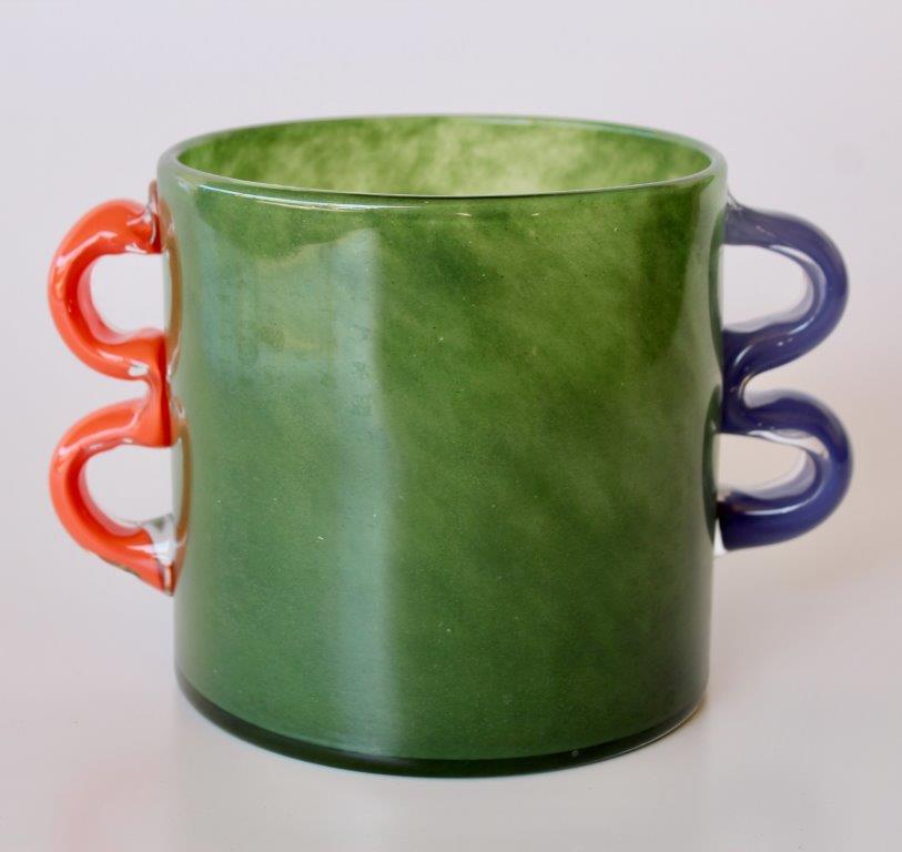 Green Glass Vase with Blue  & Orange Handles