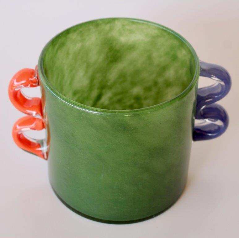 Green Glass Vase with Blue  & Orange Handles