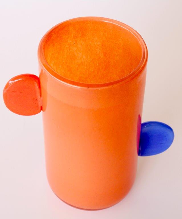 Orange Glass Vase with Orange and Blue Handles