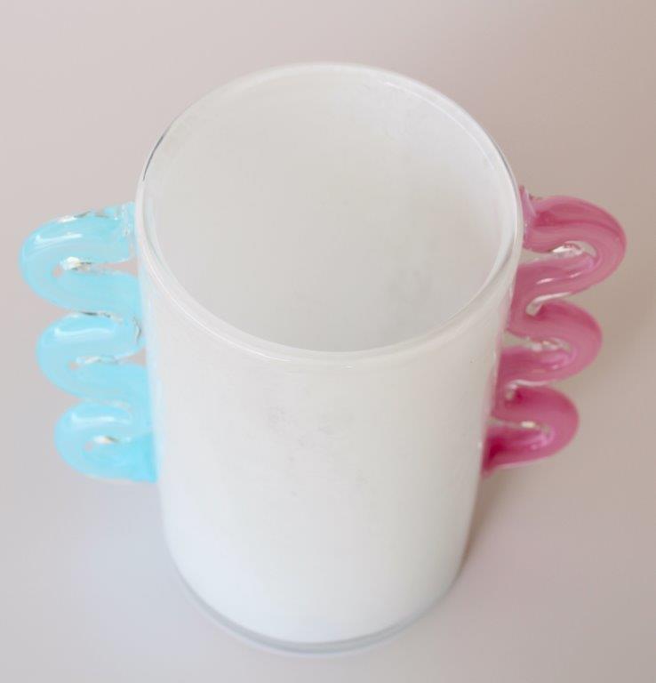 White Frosted Glass Vase with Pink and Aqua Blue Handles