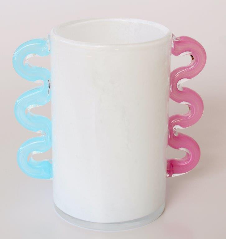 White Frosted Glass Vase with Pink and Aqua Blue Handles