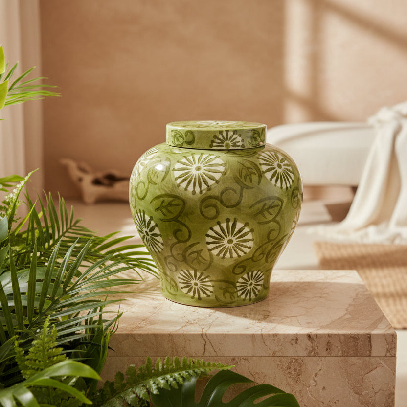 Green ceramic jar with floral patterns on a white background